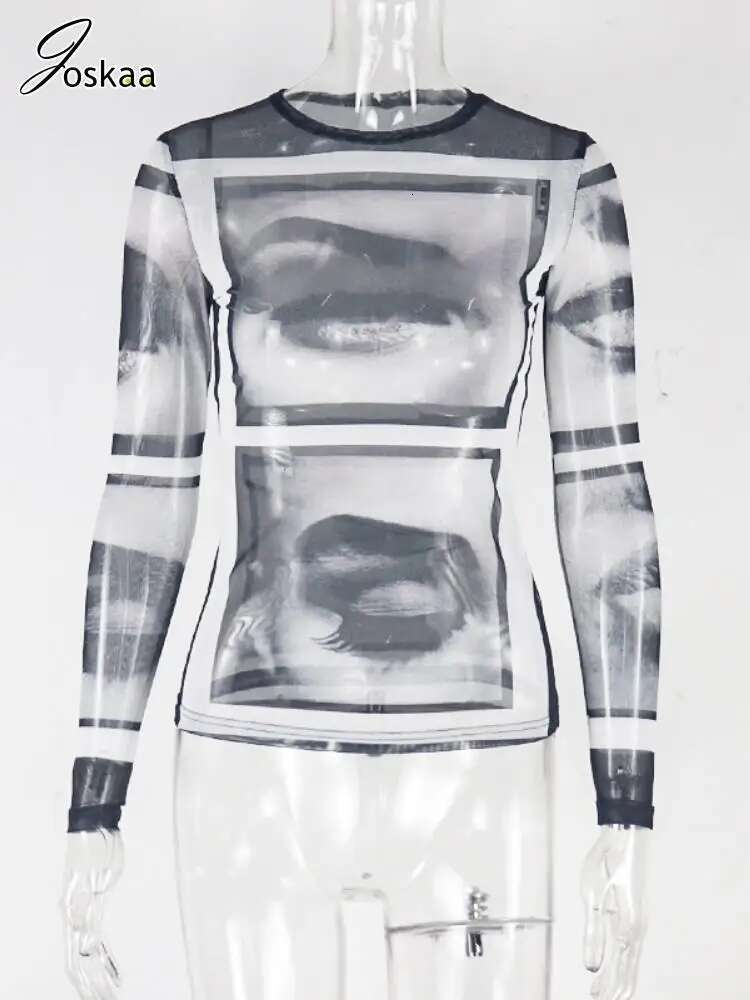 Joskaa Abstract Print Sheer Mesh Y2K T-Shirts Women Hipster O-Neck Full Sleeve Tops 2025 Summer Graphic Tees Midnight Clubwear