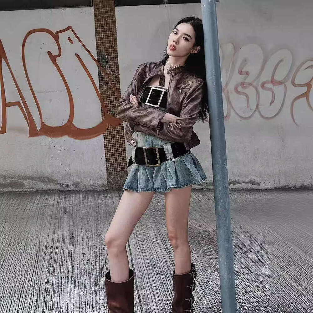 Jaded London Denim Dress Y2k Washed And Worn One Shoulder Spicy Girl Pleated Short Skirt
