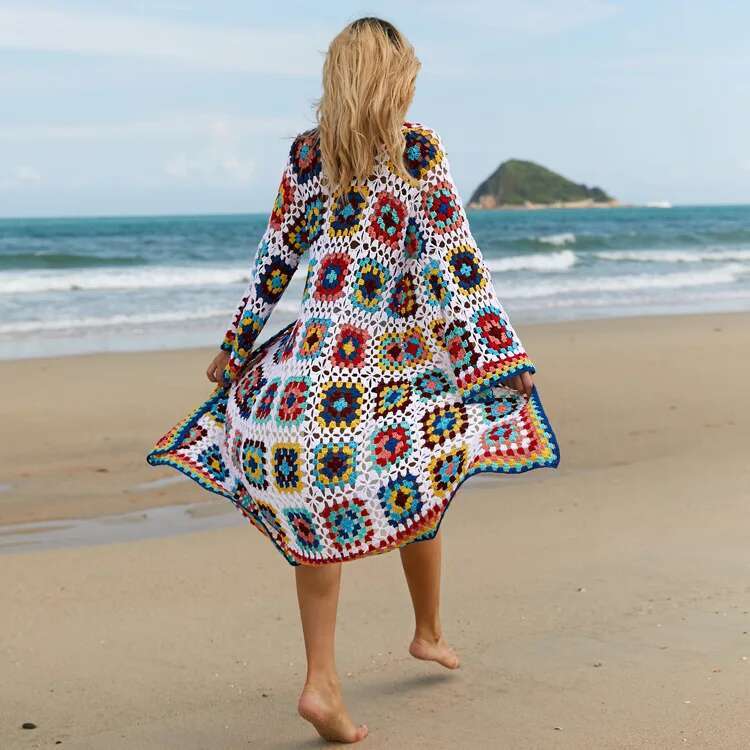 Summer Crochet Bikini Swimwear Cover-Ups Elegant Boho Kimono Dress Tunic Woman Clothes Beach Wear Swim Suit Cover Up Robe