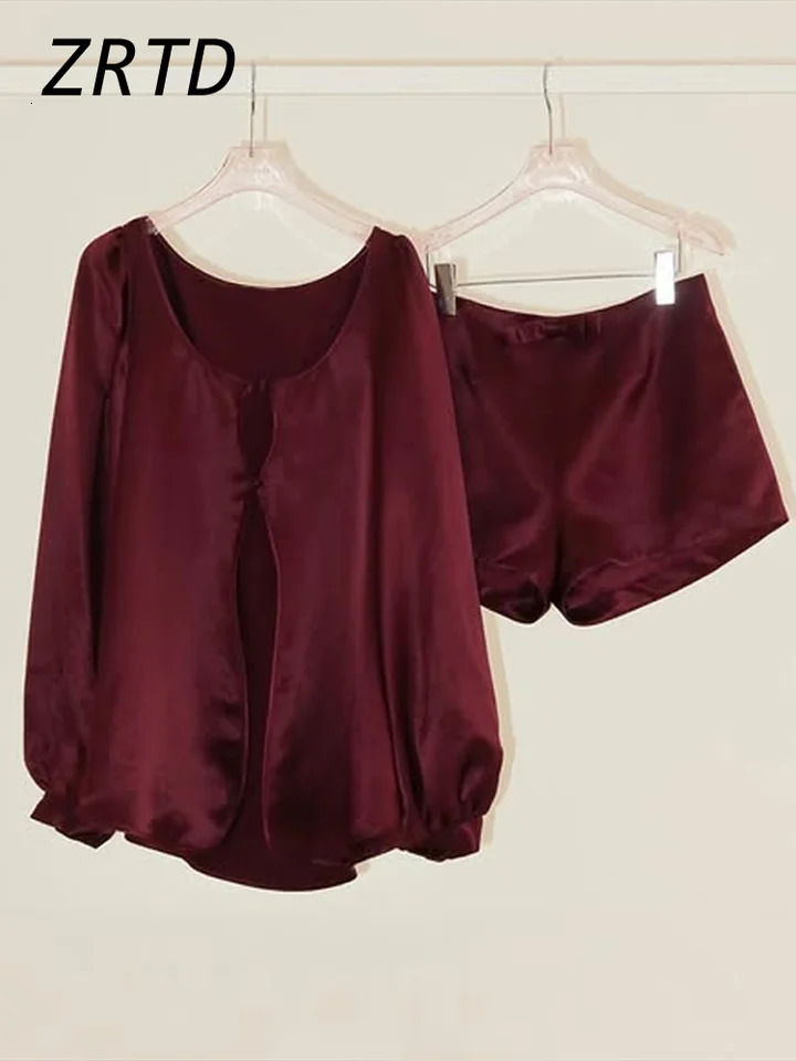 Elegant Satin Shirt Shorts Sets Women Hollow Out Lantern Sleeve Blouses Bow Short Pants 2025 Spring Summer Lady Vacation Outfits 250324