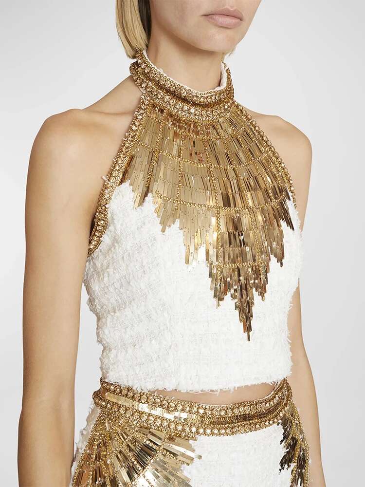 HIGH STREET Newest Fashion 2024 Designer Women's Stunning Metallic Dias Beaded Halter Neck Tweed Camis Tank Tops