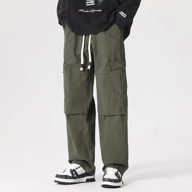 Loose Straight Cargo Pants Men Multi Pocket Fashion Casual High Street Pant Drawstring Spring Summer Korean Hip Hop Trousers 250321