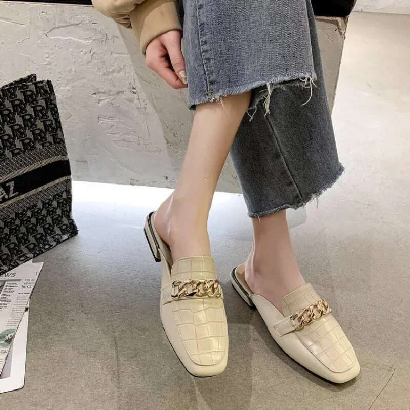 2025 Summer New Chain Mule Women's Designer Fashion Slippers Square Toe Women's Striped Shoes Summer