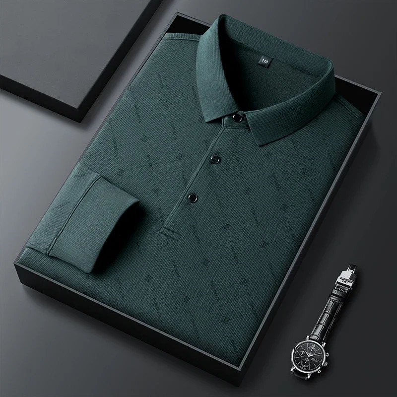 mens business casual long sleeved shirt with badge solid color polo fashionable breathable and comfortable lapel top 250326