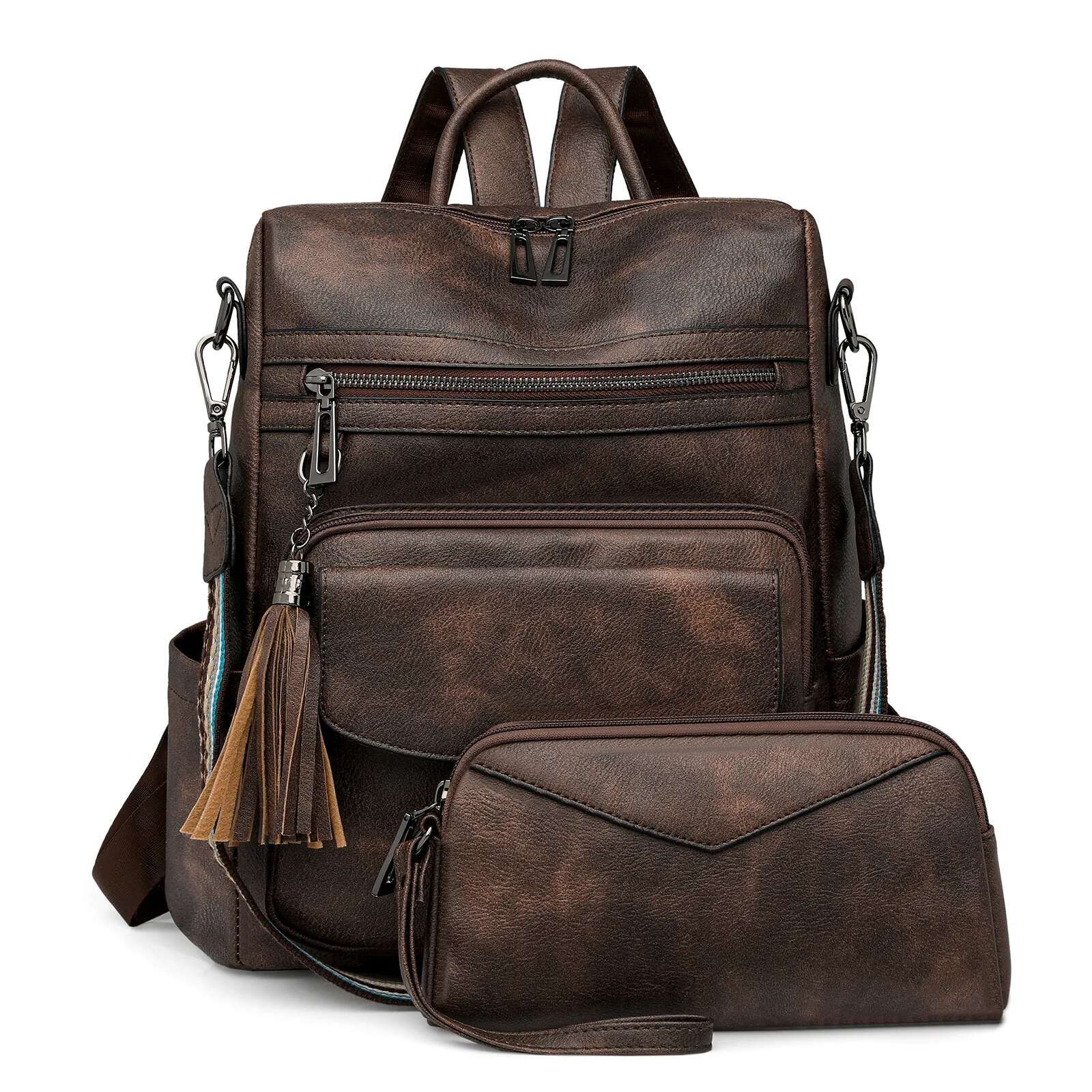 Fashion Designer Travel Bag For Large Anti-Theft Leather Ladies Shoulder Bags With Tassel Two-Toned Brown Backpack Women