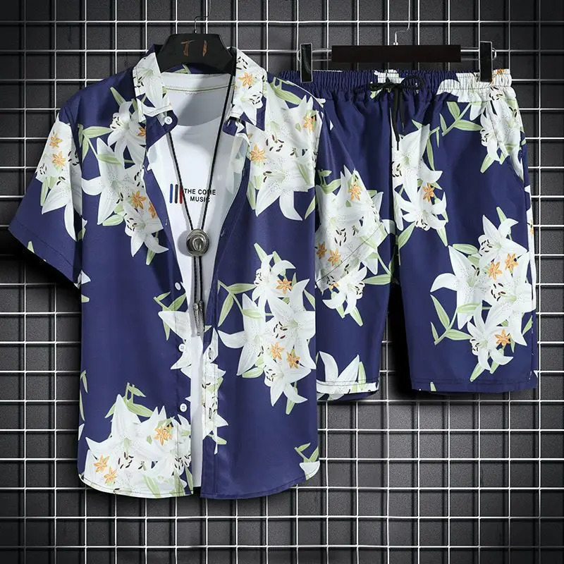Hawaiian mens shirt set casual collar short sleeved and clothing summer beach vacation Tshirt 250326