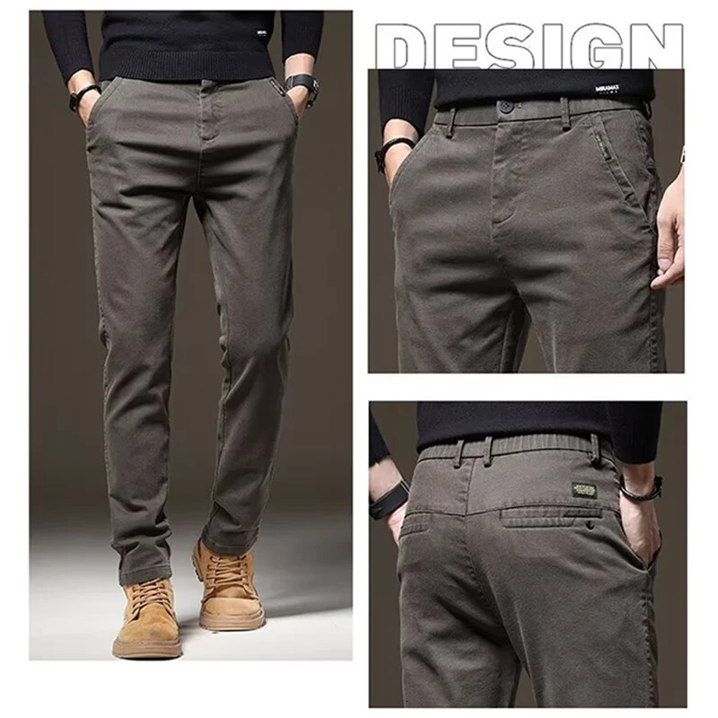 Autumn and Winter Mens Elastic Straight Leg Thick Pants Basic Street Clothing N Casual Daily High Waist 250326
