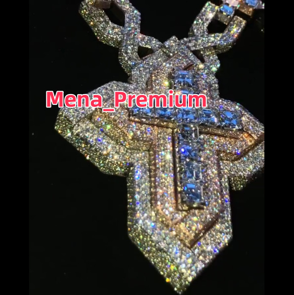 Custom baguette Moissanite Cross Necklace Design Luxury Mens Jewelry S925 18K Gold Plated Cross Moissanite Cuban Link Chain