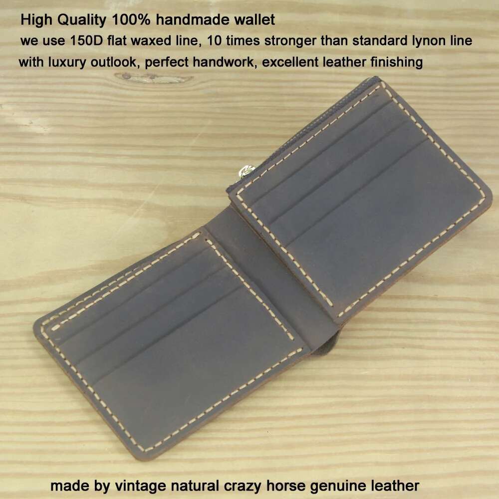 Handmade Genuine Men Wallet Bifold Purse Male Wallets Short Clip Vintage Leather Money Bag with zip pocket