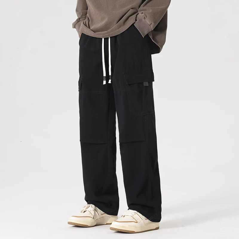 Loose Straight Cargo Pants Men Multi Pocket Fashion Casual High Street Pant Drawstring Spring Summer Korean Hip Hop Trousers 250321