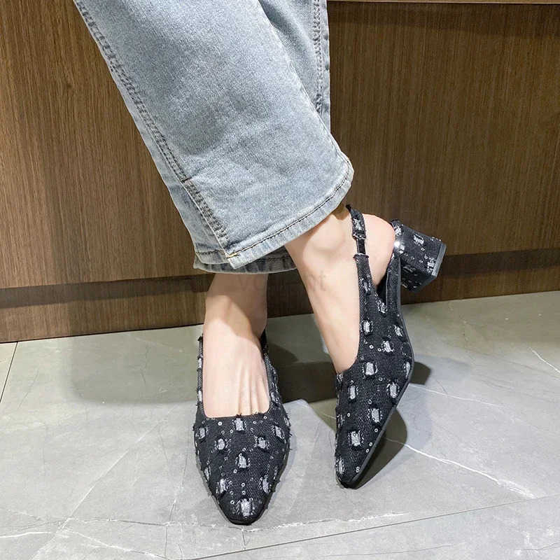 Wen Sea Salt Blue Pointed High Heel Shoes Summer Wan Back Hollow Half ed Single Pumps Fashion Versatile Casual Sandals Z250326