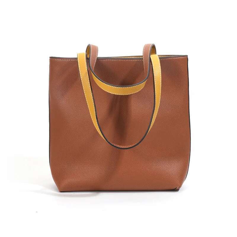 Customized Cow Leather Tote Commuter Women's Simple Causal Bucket Large Capacity Double Sided Shopping Shoulder Bag