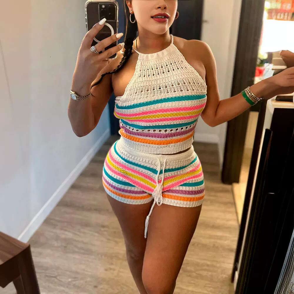 2025 Summer Womens New Sweater Fashion Print Backless Hanging Neck Top Hip Hugging Tight Pants Set Versatile Printing Leisure Time New Product New Arr
