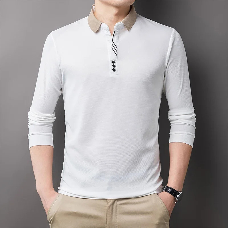 Mens casual striped plain long sleeved polo shirt fashionable solid top 250326