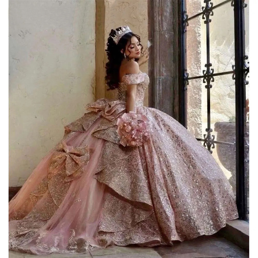 Champagne Rose Gold Off The Shoulder Ball Gown Quinceanera Dresses For Girls Sparkly Beaded Birthday Party Gowns Lace Up Back