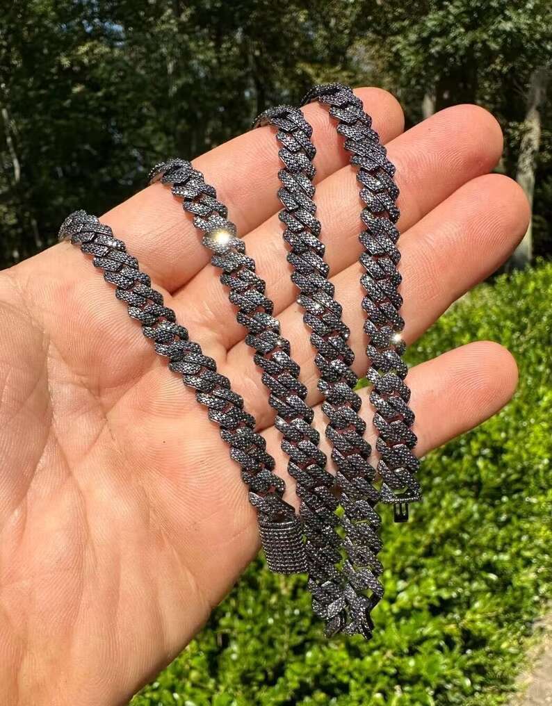 MOISSANITE 925 Sterling Silver Cuban Link Chain Necklace 8mm-12mm Strand 16-30 Lengths Black Rhodium over Prong Cuban Link