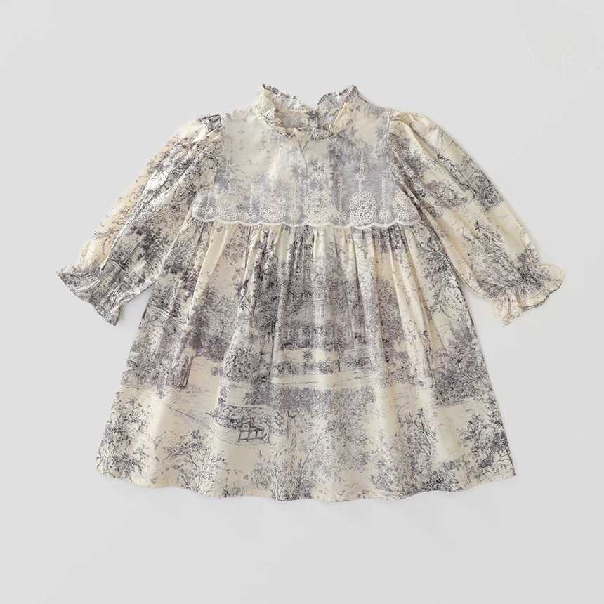 Girls casual dress landscape painting lace stitching work princess dress childrens clothing girls 2 to 7 years wedding dress W250326
