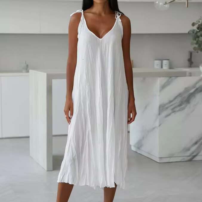 QINSI Casual Fashion White Dresses Woman V Neck Sleeveless Solid Maxi Sexy For Wrinkle Women Night Dress