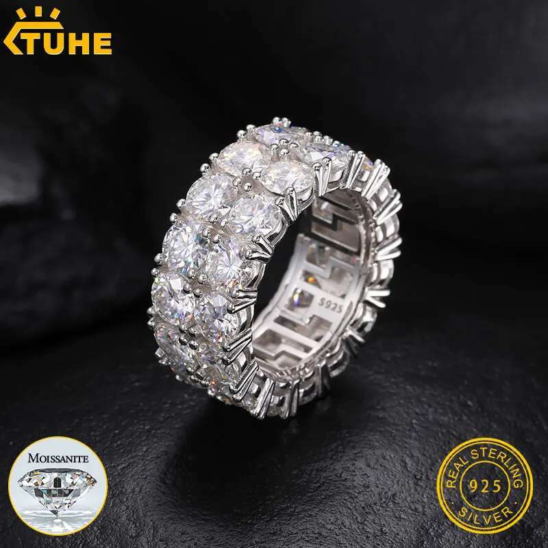 TUHE Unisex Double row 5MM Moissanite 925 Silver Ring Stone Iced Out Couple Rings For Women For Men Hip Hop Jewelry Gifts