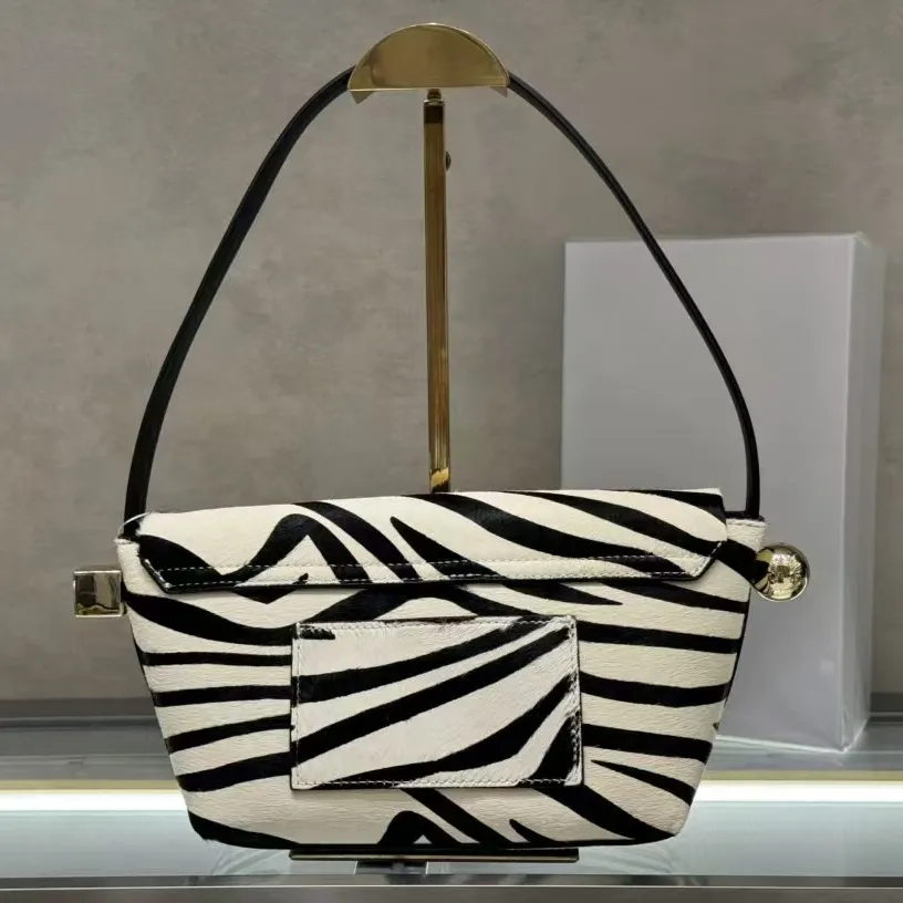 Chic Female Accessory: Rond Carre Design Zebra Stripe Leather Shoulder Bag Featuring Premium Horse Hair Detailing