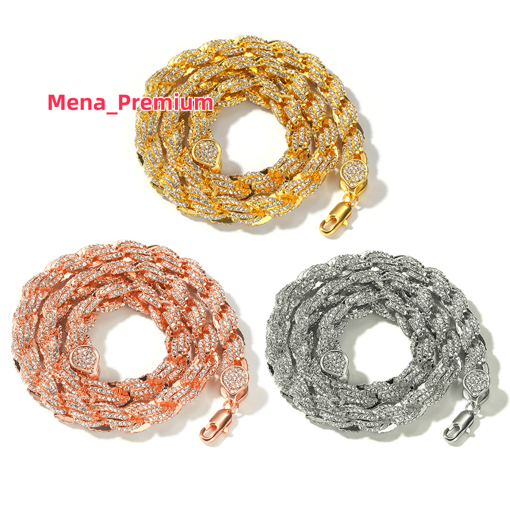 2025 Designer necklace Fashion Trendy Hip Hop Bulk Zinc Alloy 14k Solid Gold Ice Out Cz Rhinestone Crystal Diamond Cut Twist Rope Chain Necklace