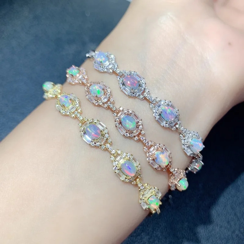 Opal Charm Bracelet 4 * 5MM Natural Colored Gemstones Exquisite Jewelry Womens Anniversary Gift 925 Pure Silver 250326