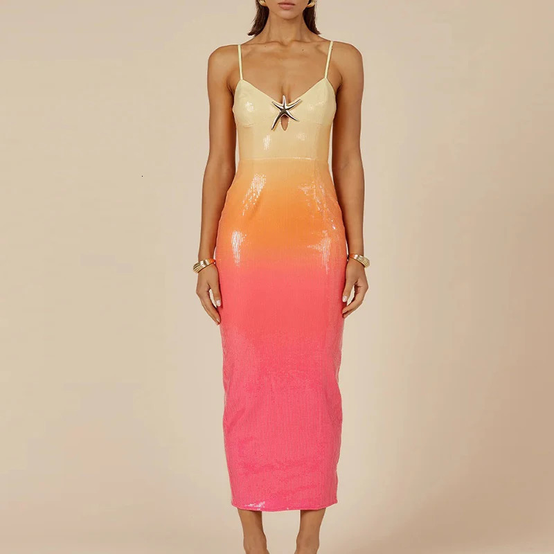 Sexy womens Vneck starfish pendant dress summer fashion sequin ultrathin split style long elegant gradient sleeveless party 250326