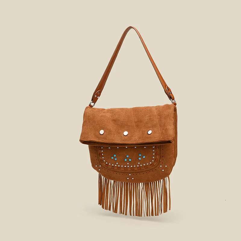2025 New Retro Women's Bohemian Faux Suede Fabric Hollow Handbag Multifunctional Frosted Willow Nail Tassel Shoulder Underarm Ba