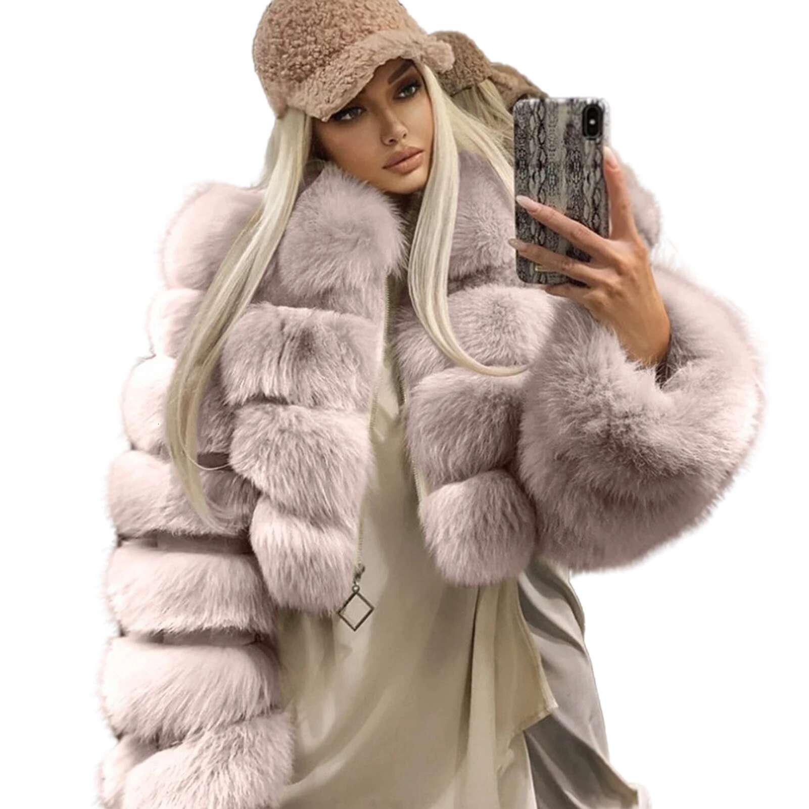 Loose Women Winter Thick Turn Down Collar Long Sleeve Zipper Faux Fur Slim Short Jacket Coat