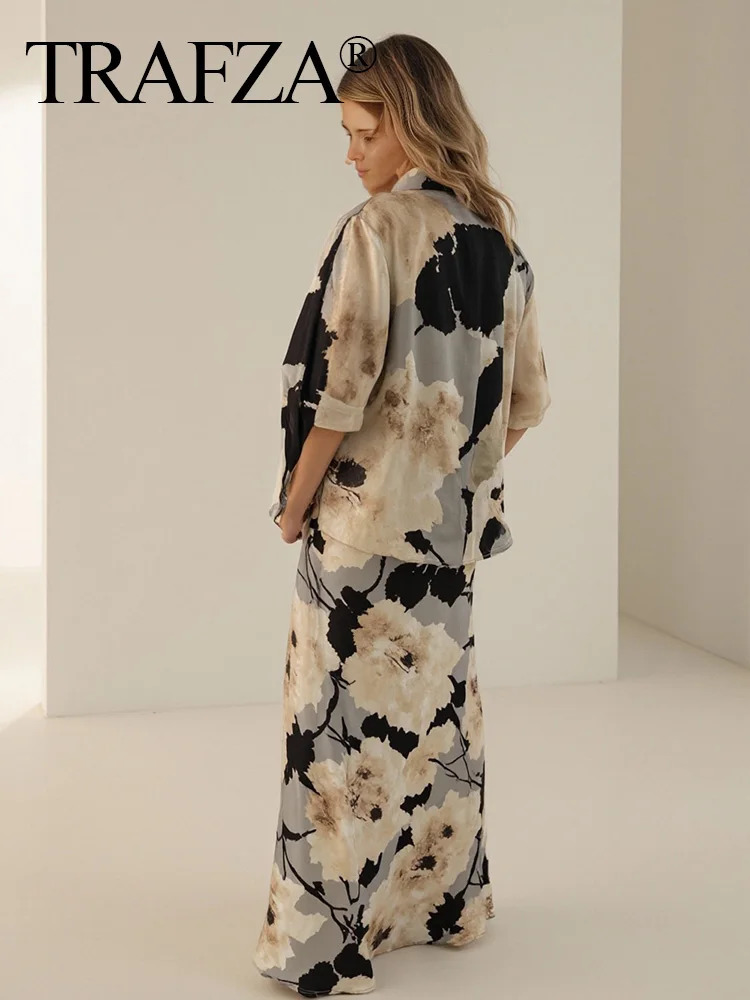 TRAFZA Womens Spring Fashion Silk Satin Texture Long Sleeve Printed Shirt Button Midi Dress Womens Printed Set 250321