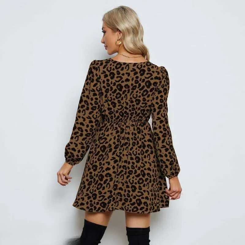 Basic Casual Women Dresses Spring New Sexy V-Neck Leopard Print Long Sleeved Women's Dress Jr2274