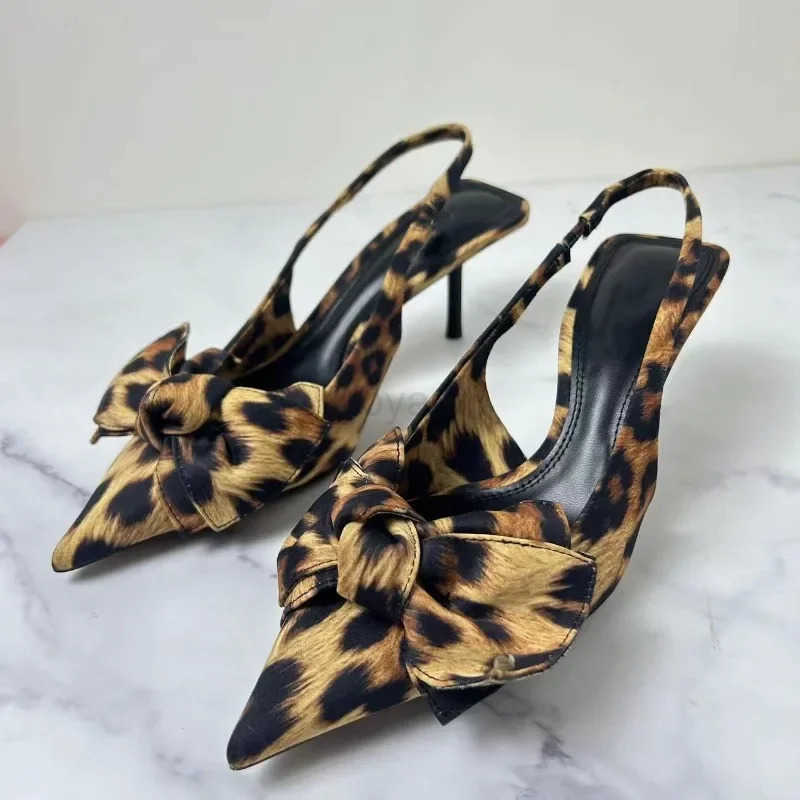 Big Bow Shallow High H Sandals for Lady Fashion Pointed Sexy Stiletto Leopard Print Summer Retro Par Luxury Shoes Wan Z250326