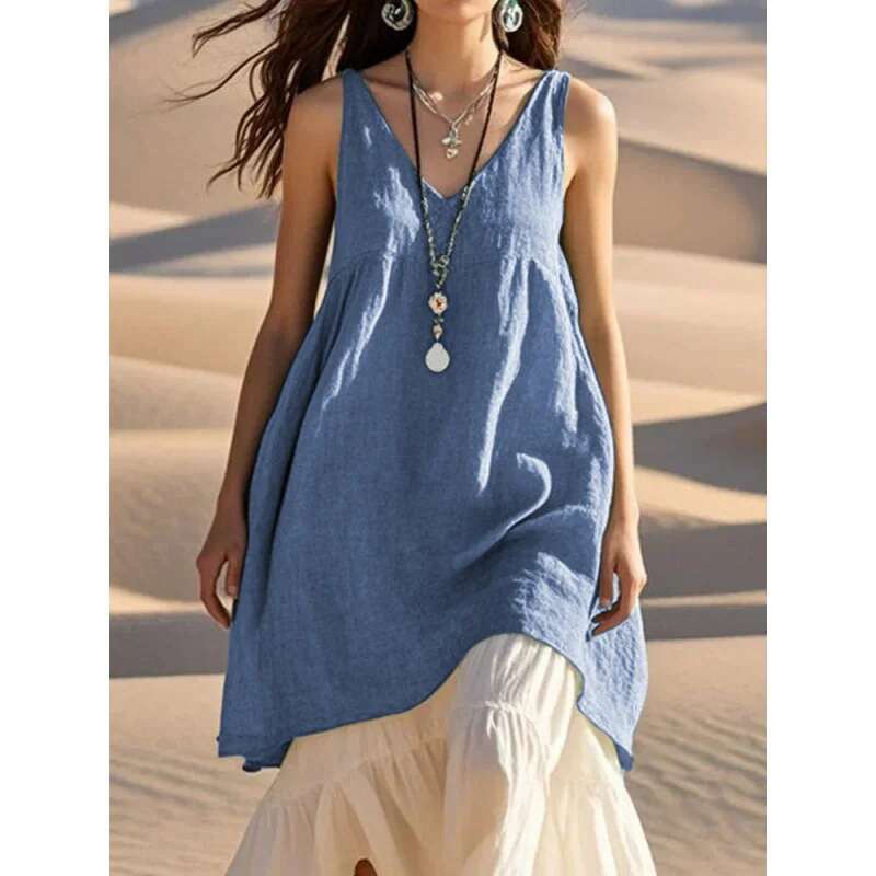 Dongdumaoyi Zomer Nieuwe Vrouwen Casual Losse Mode Mouwloze Linnen Effen Kleur V Hals Strand Jurk A