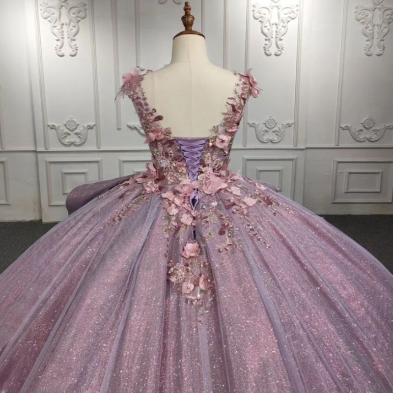Luxury Purple Shiny V-Neck Quinceanera Dresses Ball Gown 2025 Sequin Appliques Lace 3D Flower Beading Lace-Up Sweet 16 Dress Party Dresses Vestidos De
