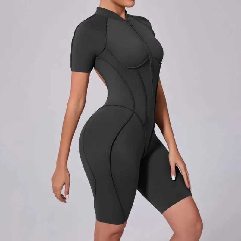 Seamless yoga jumpsuit sports and fitness zipper hip lift short sleep open back dance training suit womens fitness suit W250326