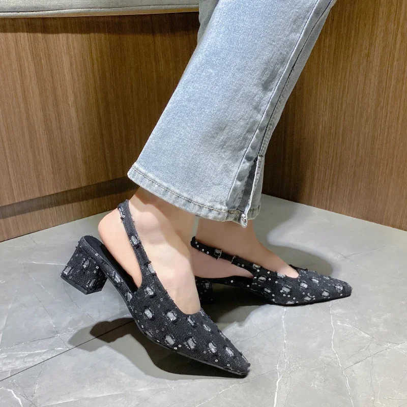 Wen Sea Salt Blue Pointed High Heel Shoes Summer Wan Back Hollow Half ed Single Pumps Fashion Versatile Casual Sandals Z250326