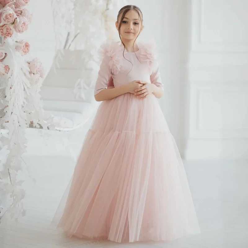 Customized light pink floral girl dress with thin gauze and half sleeves with bow tie suitable for weddings birthdays parties banquets and princess dr