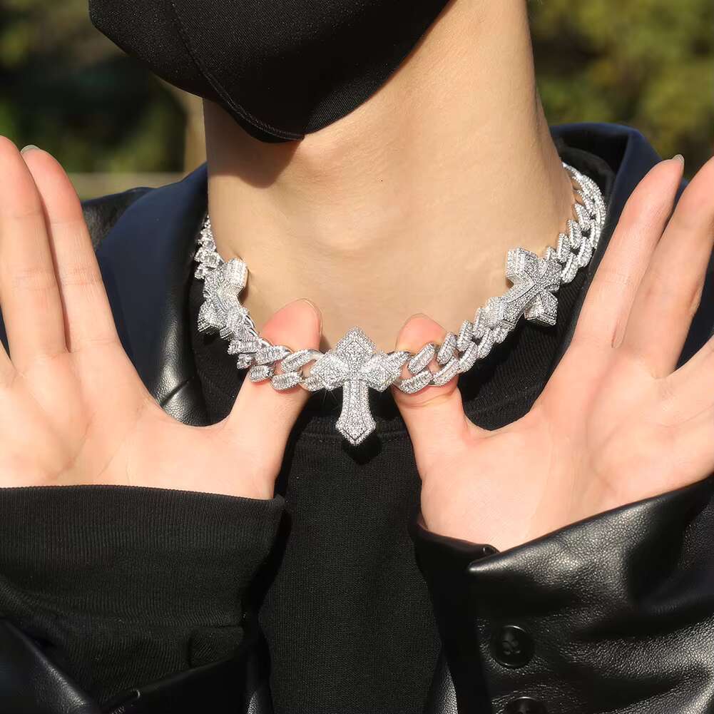 Cross With Cuban Chain 15mm Power Necklace Fashion Jewelry Necklace Two Tone Baguette Zircon Hip Hop Jewelry