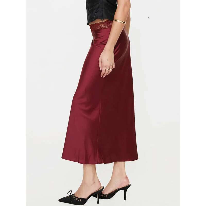 Dongdumaoyi DAMES Kant Taille Satijnen Midi Rok Mode Sexy Elastische Bodycon Lange A