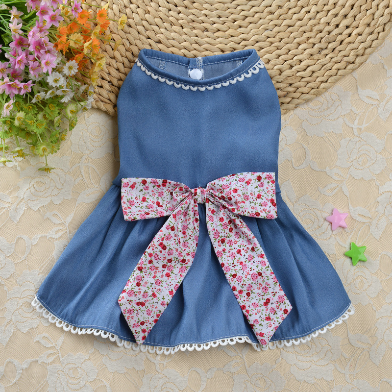 Dog Bowknot Dresses Puppy Clothes Summer Princess Pet Dresses Girl Female Doggie Soft Breathable Denim Tutu Skirt Apparel for Chihuahua Yorkies Pup Ca