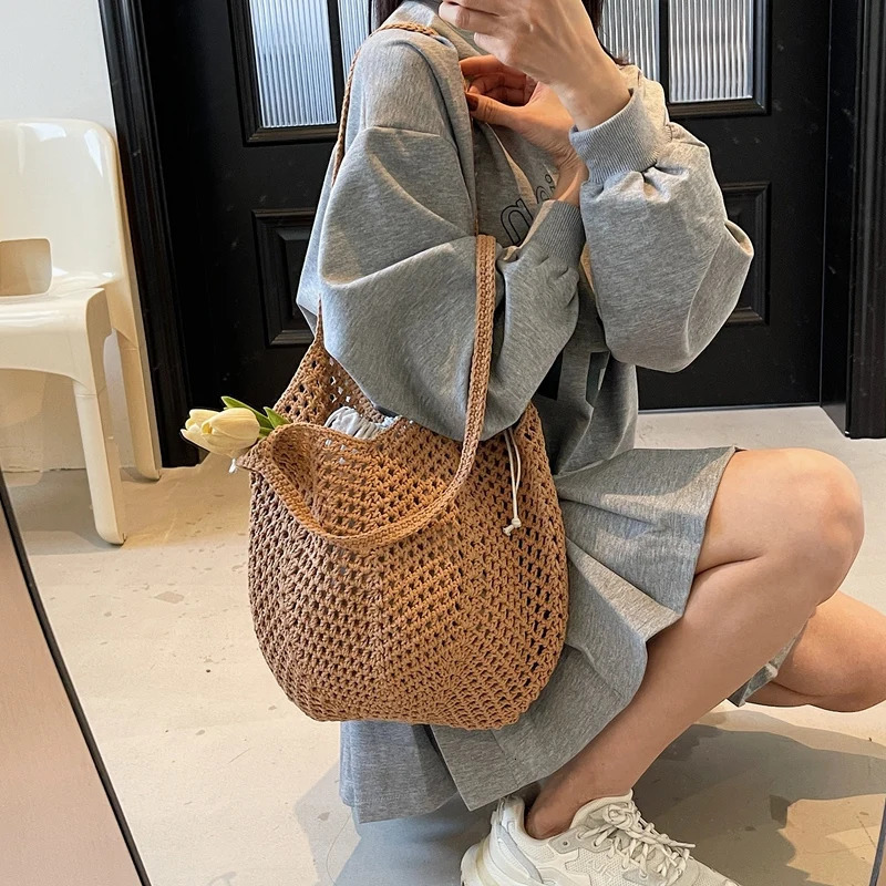 2025 Latest Summer Beach Straw Woven Tote Bag For Women 2-IN-1 Hollow-out Lightweight Large Capacity Shopper Shoulder Bag Female 250325