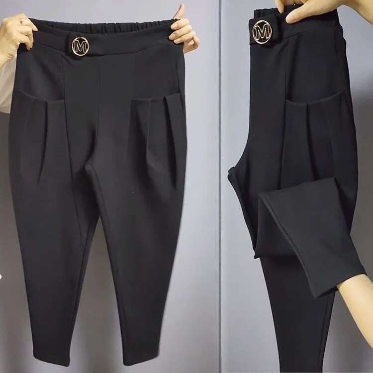 Autumn Casual Pocket Black High Oversized Trousers Women's Vintage Solid Color Elastic Waist Harem Ladies Pants
