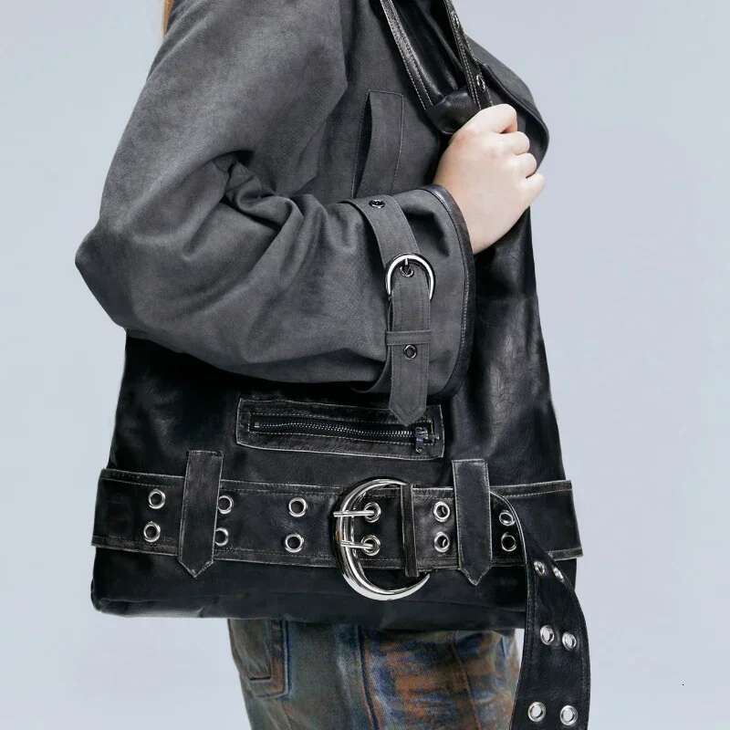 Designer Belt Buckle Women Handbag PU Rivet Multiple Pockets Y2k Large Capacity Shoulder Bags Big Vintage Shopper Totes