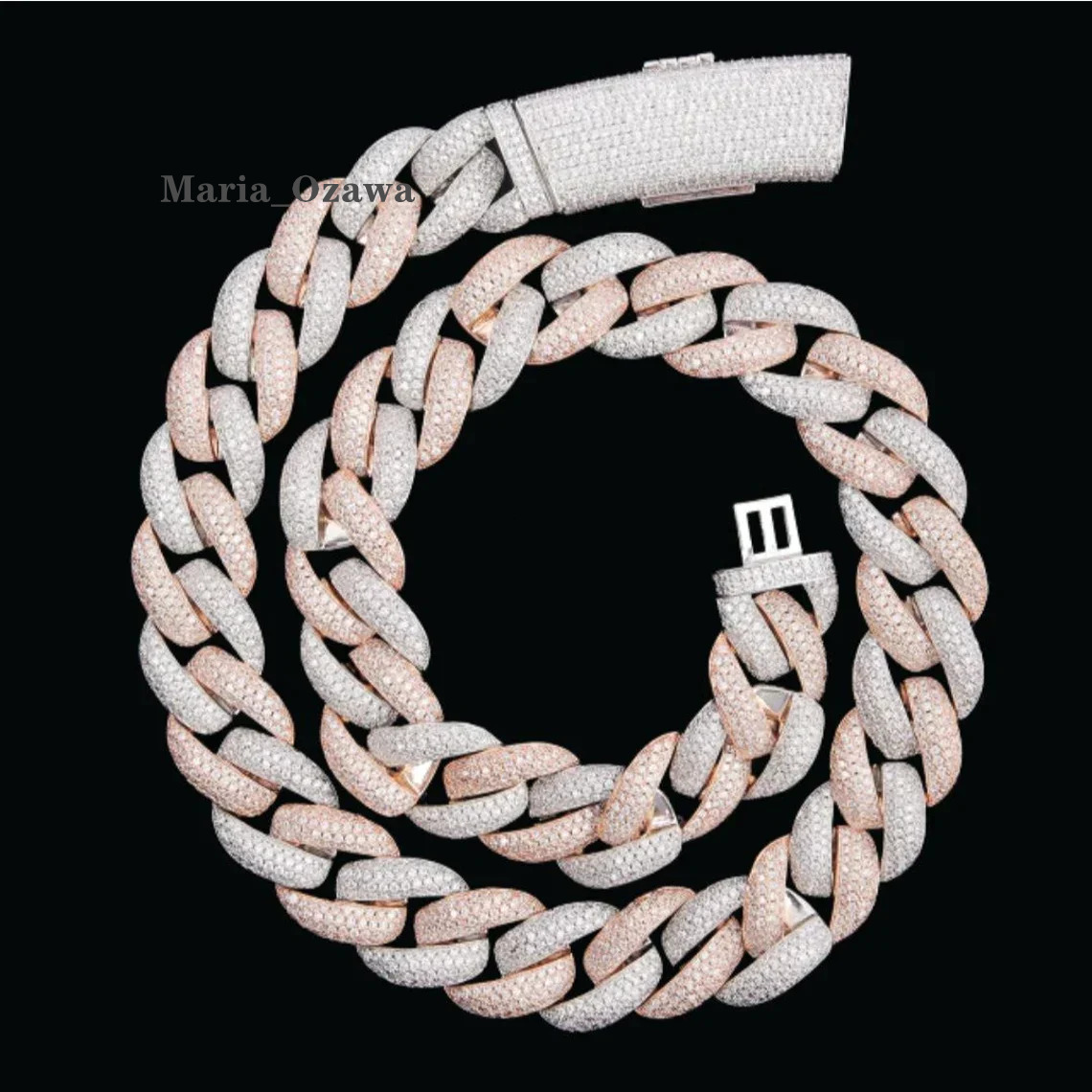 Custom Fashion 20mm 2 Tone Gold Cuban Chain Round Vvs Moissanite Diamond with Long Box Clasp Cuban Miami Link Chain