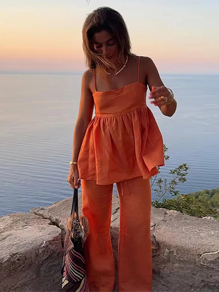 Orange brushed womens wide leg pants set elegant sleeveless pleated hem camisole top womens two-piece streetwear set 250321