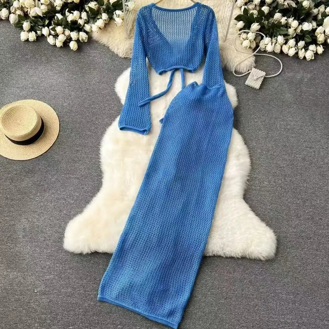 knitting Long Sleeve Bonds Top One piece Skirt Women Beach Vacation Bikini Cover Up Sun Bathing See-Through Sunscreen Smock 250324