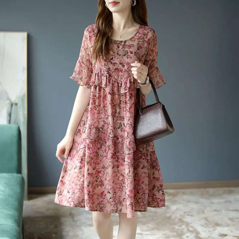 Elegant O-Neck Spliced Loose Ruffles Flare Sleeve ral Women's Clothing 2024 Summer New All-match Casual Midi Dress