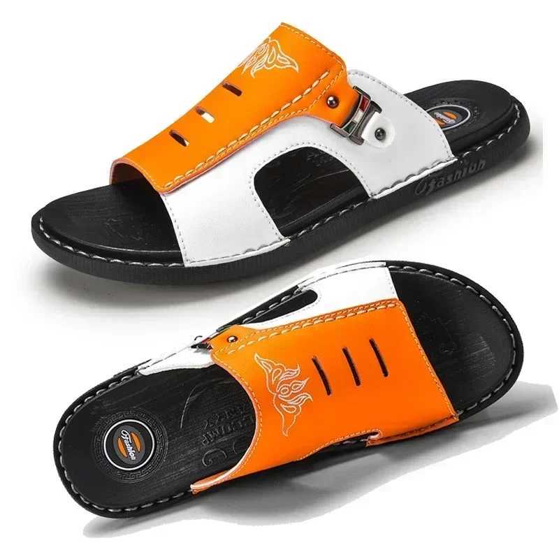 Mens slippers summer leather sandals new N-Slip wear-resistant beach shoes casual sandals mens slippersXJ250326