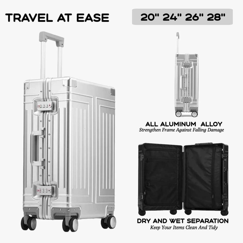 2024 Capacity Durable Lage Sets 100% Aluminum Suitcase Wheels Women Girl Men Cabin Carry-On Boarding Travel 20/24/26/28