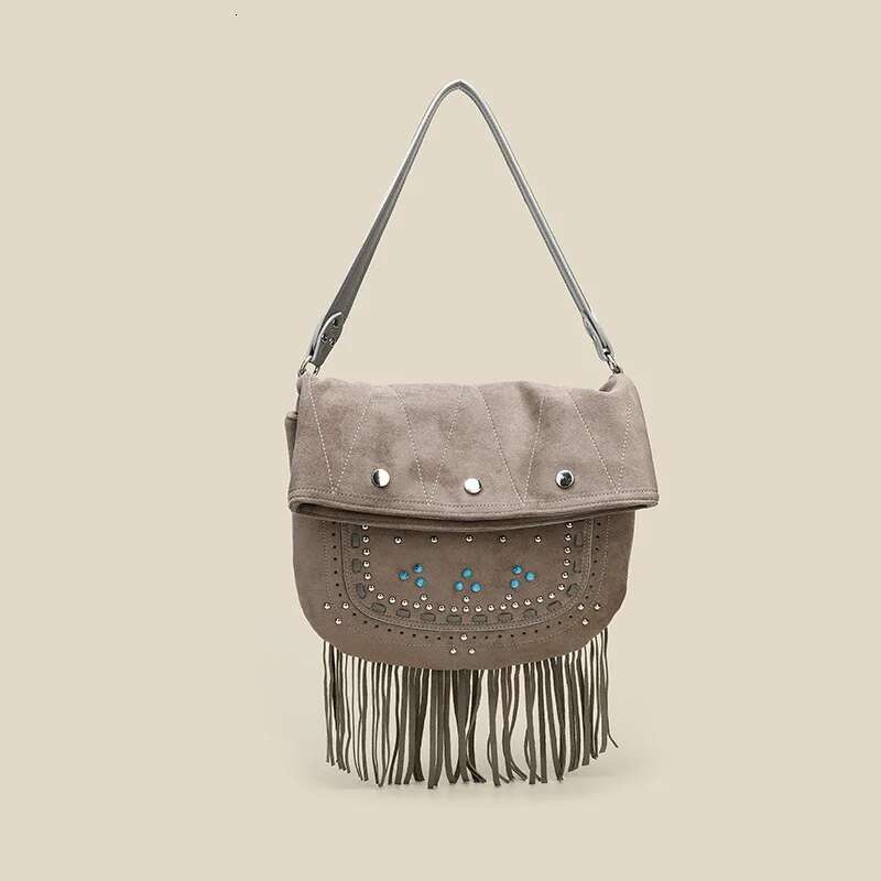 2025 New Retro Women's Bohemian Faux Suede Fabric Hollow Handbag Multifunctional Frosted Willow Nail Tassel Shoulder Underarm Ba